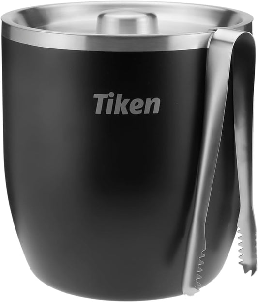 Tiken 3L Insulated Ice Bucket with Lid & Tongs – Stainless Steel, Black