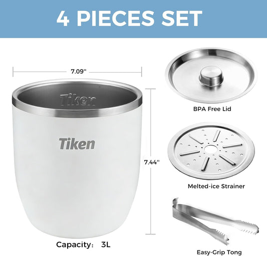 Tiken 3L Insulated Ice Bucket with Lid & Tongs – Stainless Steel, White