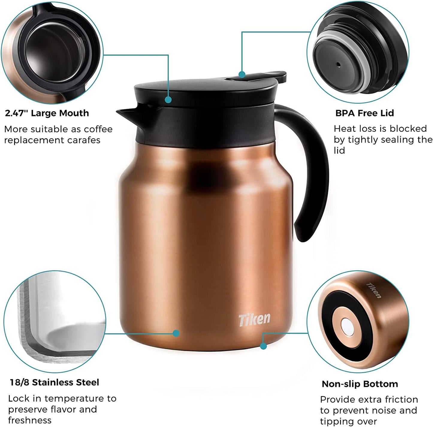 Tiken 34 Oz Thermal Coffee Carafe Double Wall Stainless Steel Insulated Coffee Server, 1 Liter Beverage Pitcher (Copper)