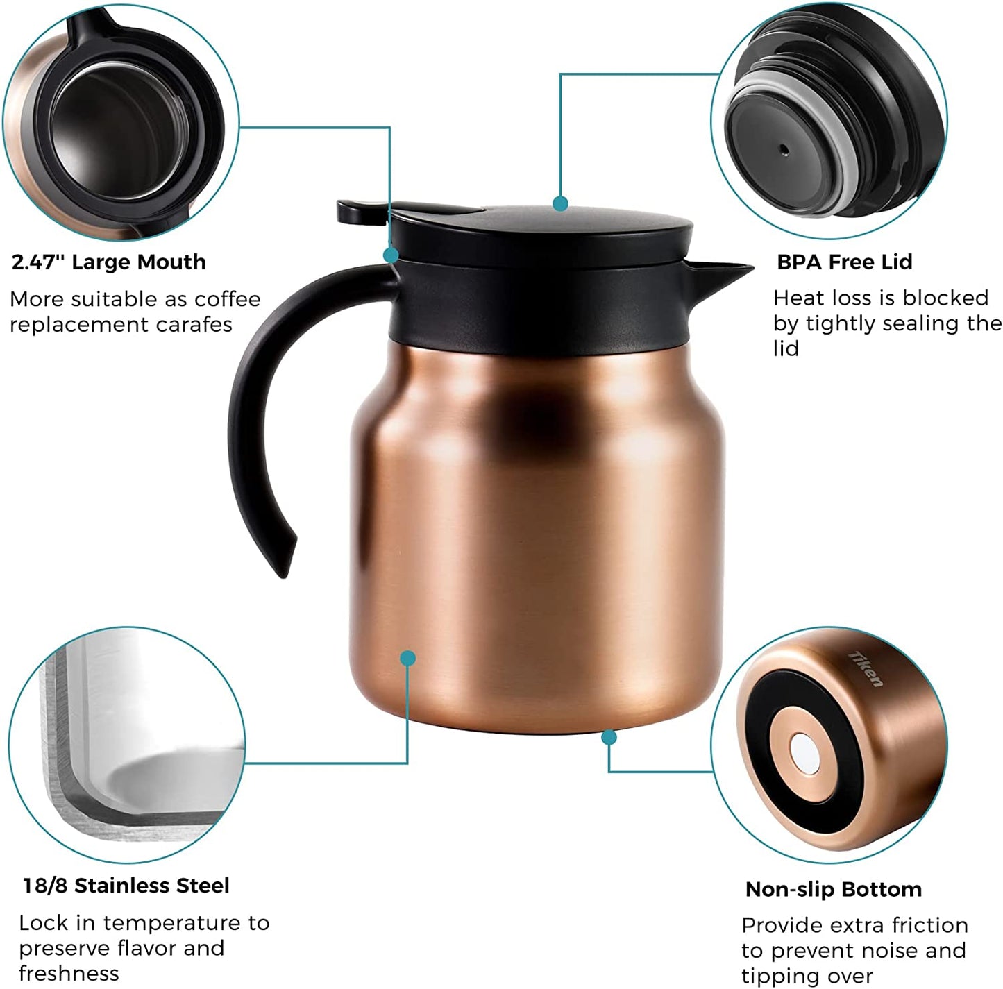 Tiken 27 Oz Thermal Coffee Server Stainless Steel Insulated Vacuum Coffee Carafes, 800ML Beverage Pitcher (Copper)