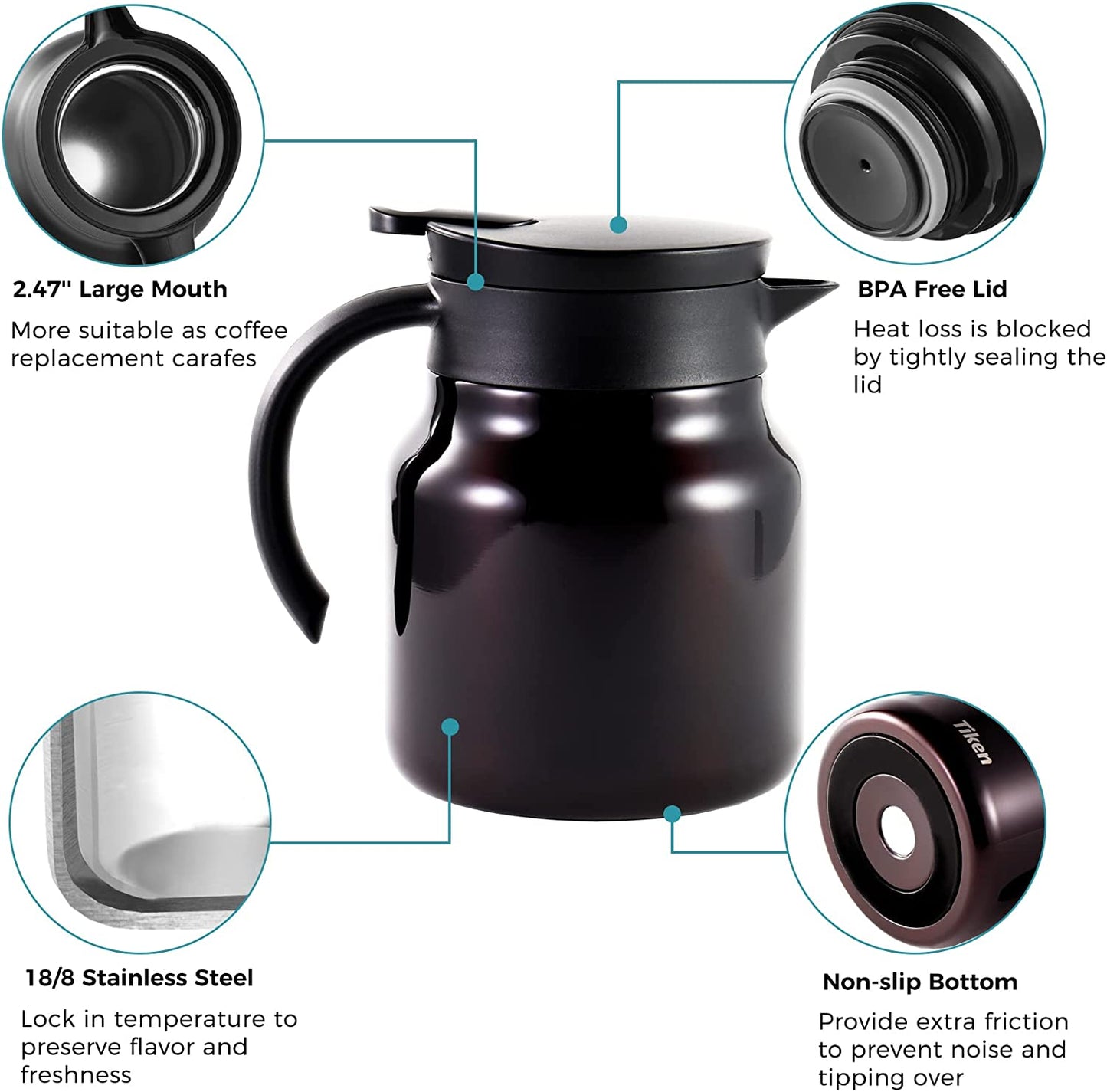 Tiken 27 Oz Thermal Coffee Server Stainless Steel Insulated Vacuum Coffee Carafes, 800ML Beverage Pitcher (Coffee Brown)