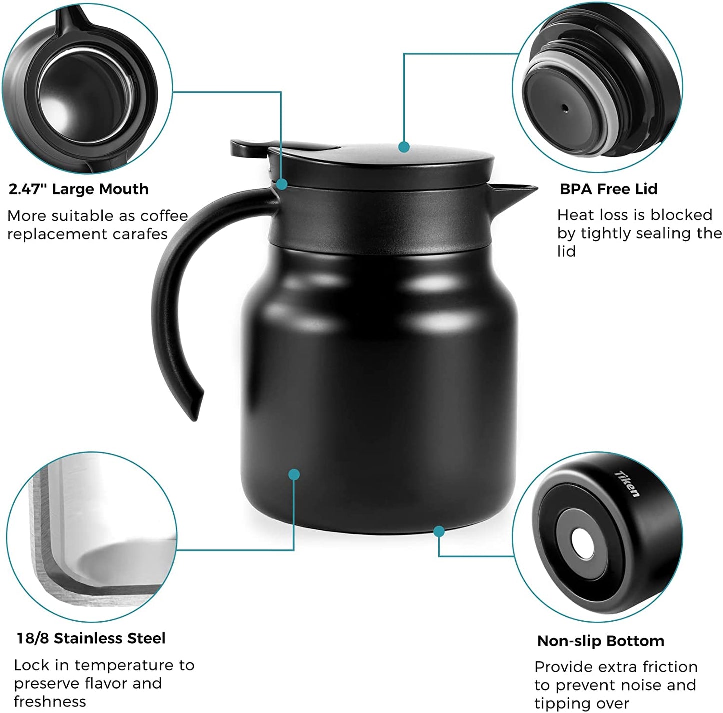 Tiken 27 Oz Thermal Coffee Server Stainless Steel Insulated Vacuum Coffee Carafes, 800ML Beverage Pitcher (Matte Black)