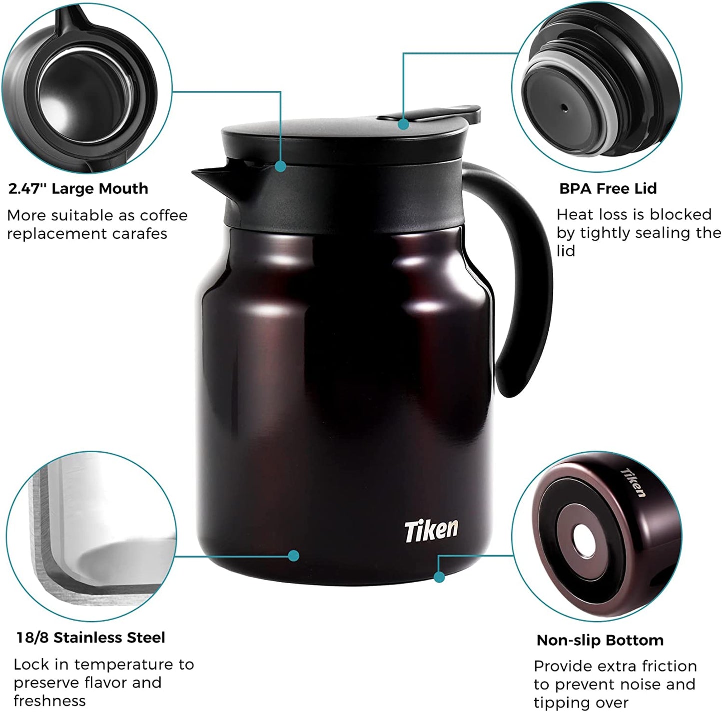Tiken 34 Oz Thermal Coffee Carafe Double Wall Stainless Steel Insulated Coffee Server, 1 Liter Beverage Pitcher (Coffee Brown)