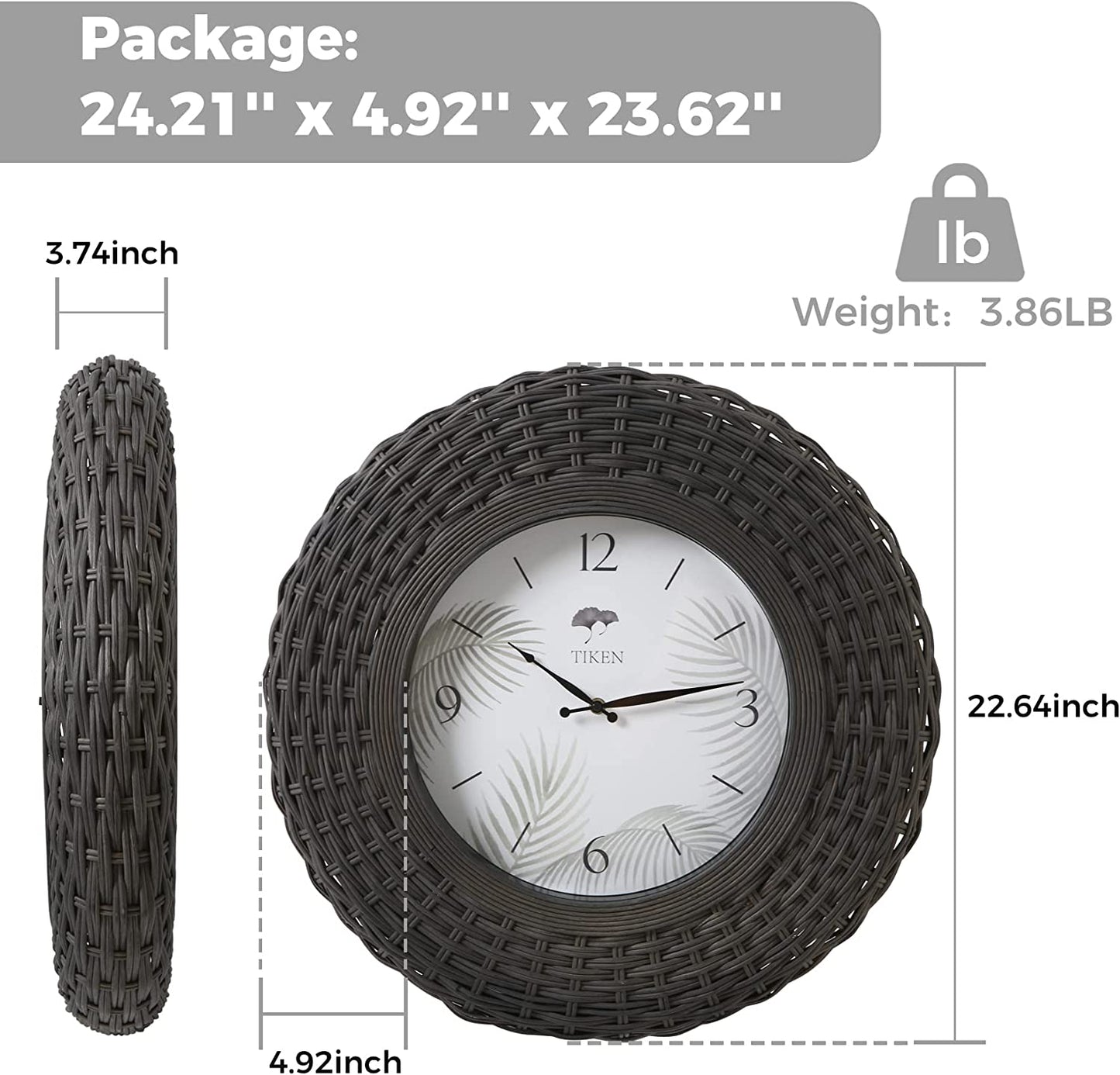 Tiken Large Rustic Wall Clock, Wall Clocks Quality Quartz Battery Operated Non Ticking Handmade- Charcoal Grey