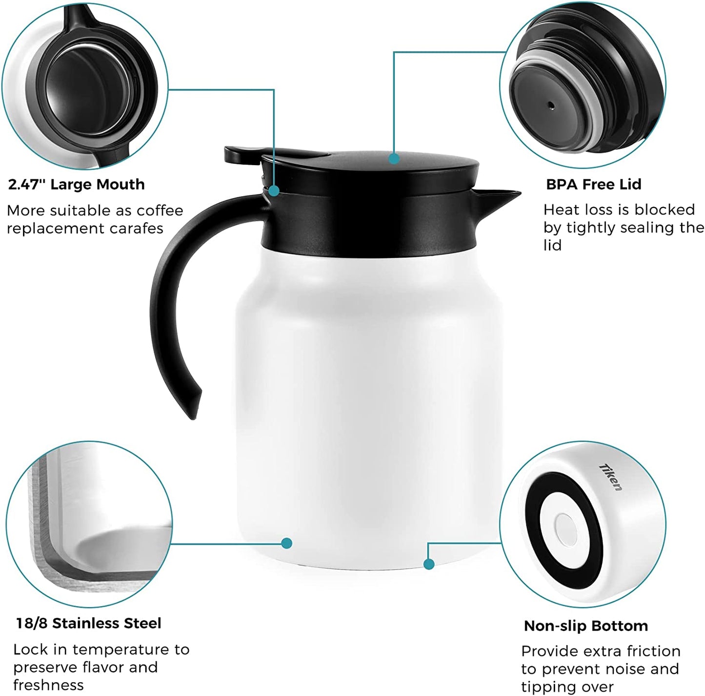 Tiken 34 Oz Thermal Coffee Carafe Double Wall Stainless Steel Insulated Coffee Server, 1 Liter Beverage Pitcher (White)