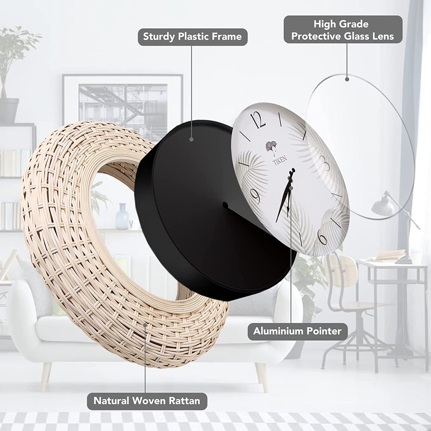 Tiken Large Rustic Wall Clock, Wall Clocks Quality Quartz Battery Operated Non Ticking Handmade- Cream