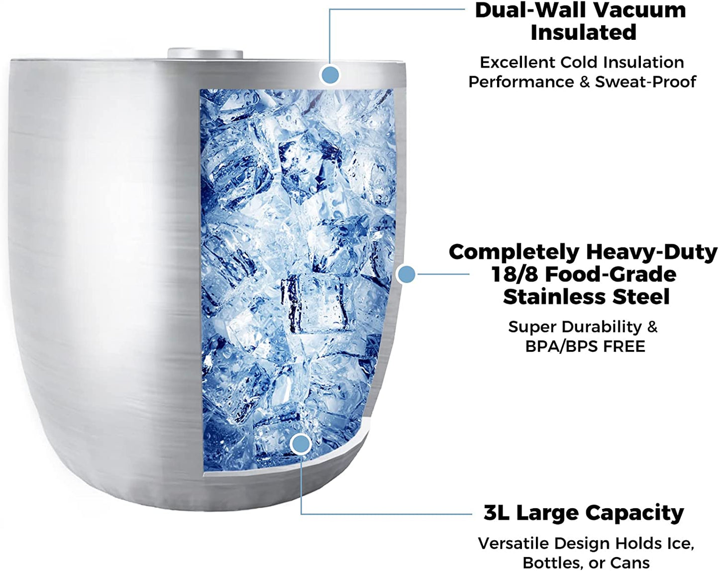 Tiken 3L Insulated Ice Bucket with Lid & Tong Stainless Steel Champagne Buckets for Cocktail Bar, Parties & Outdoor