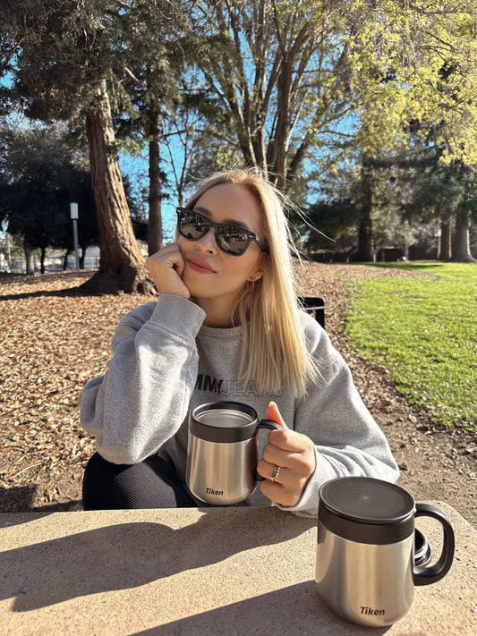 Tiken 11 Oz Insulated Coffee Mug With Lid Stainless Steel Thermal Coffee Mugs 340 ML (Silver)