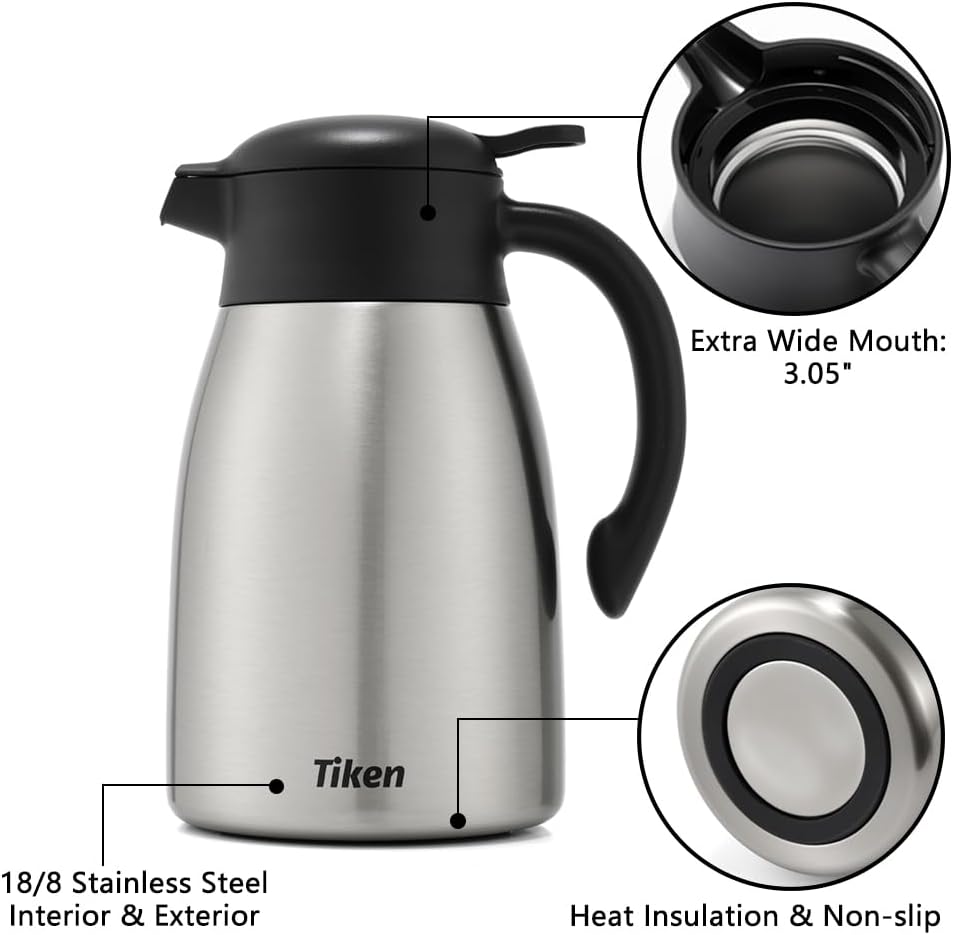 Tiken OpenClean Thermal Carafe – 2L / 68oz – Silver