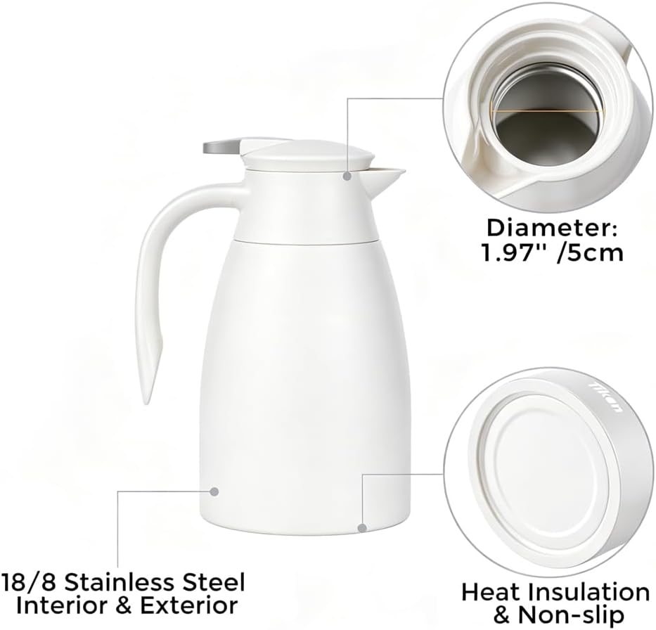 Tiken 68 Oz Thermal Coffee Carafe Stainless Steel Insulated Vacuum Coffee Pot 2 Liter (White)