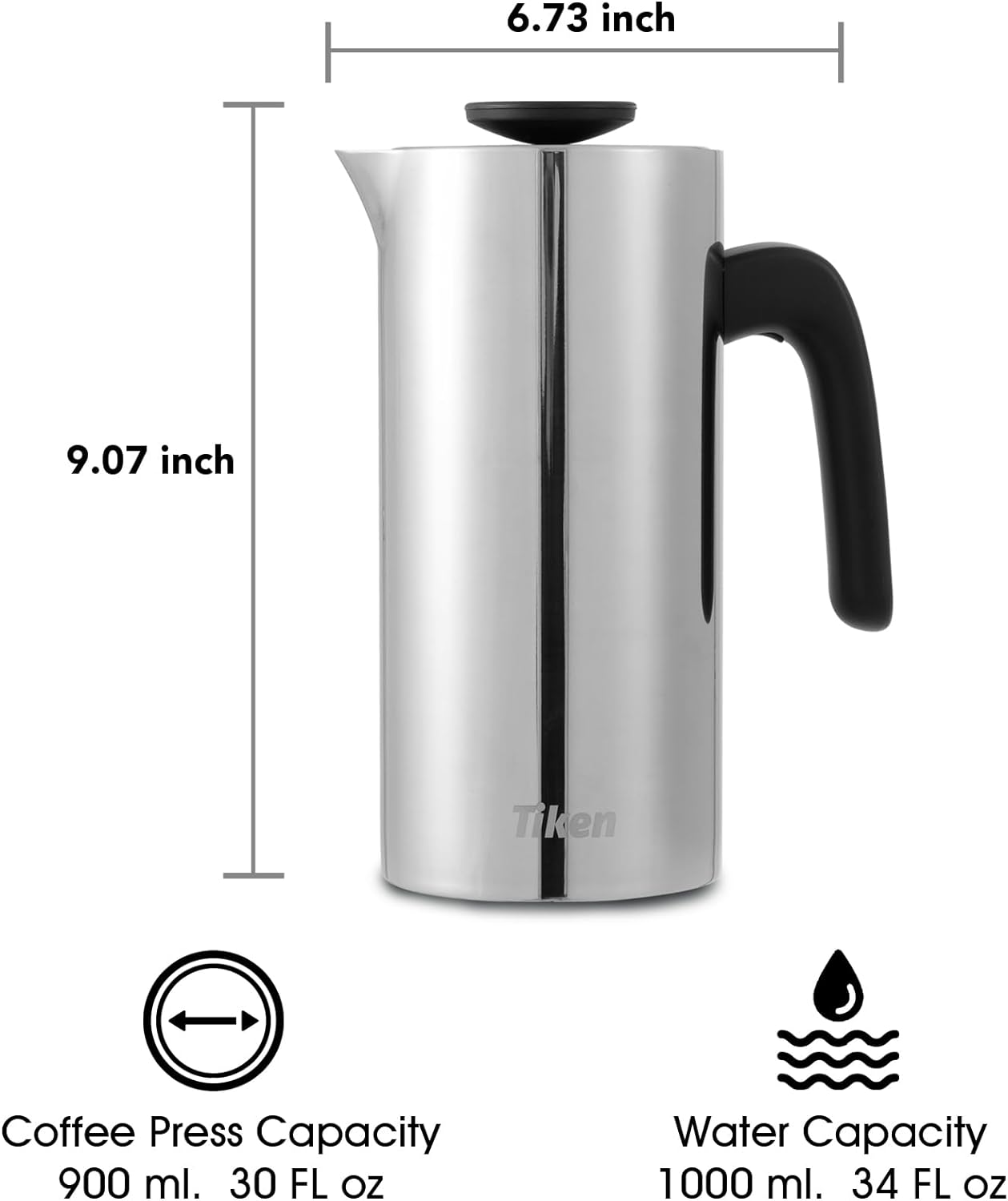 Tiken Stainless Steel French Press, 34oz Silver