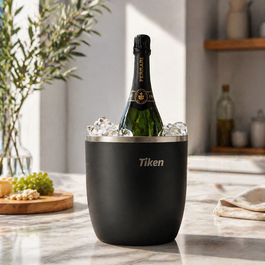 Tiken 3L Insulated Ice Bucket with Lid & Tongs – Stainless Steel, Black