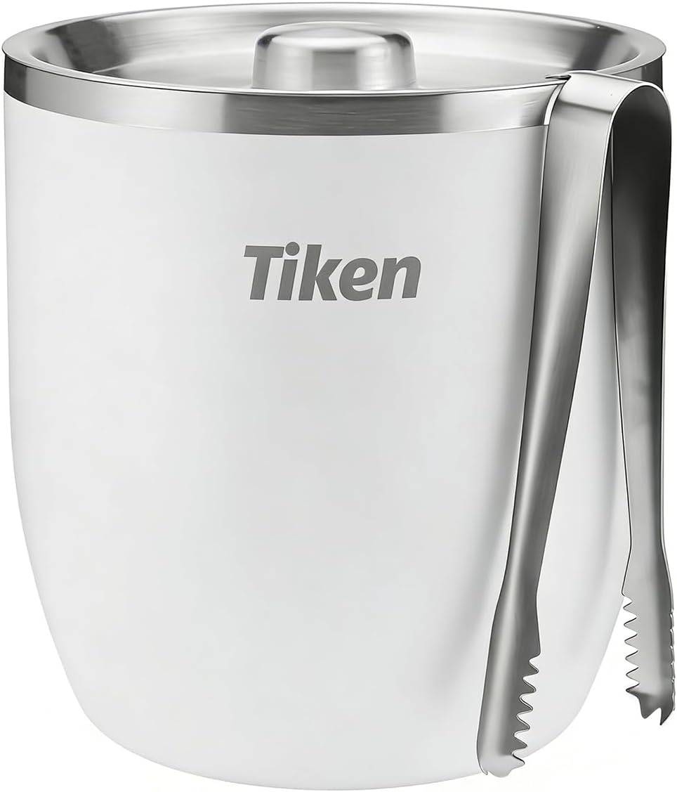 Tiken 3L Insulated Ice Bucket with Lid & Tongs – Stainless Steel, White