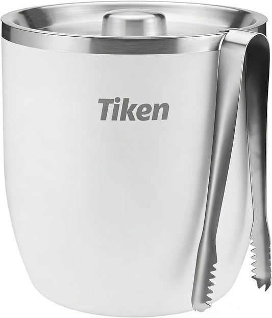 Tiken 3L Insulated Ice Bucket with Lid & Tongs – Stainless Steel, White