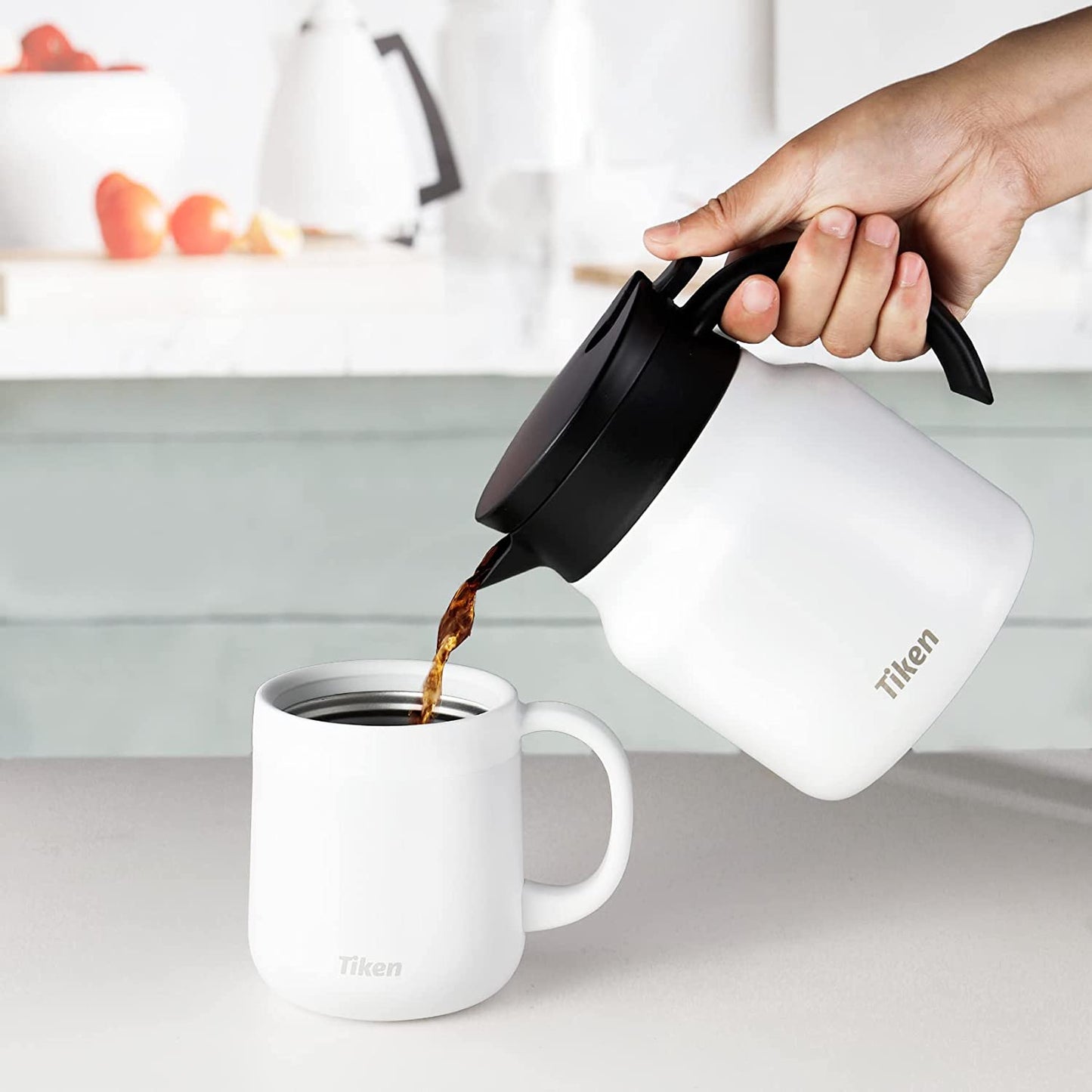 Tiken 27 Oz Thermal Coffee Server Stainless Steel Insulated Vacuum Coffee Carafes, 800ML Beverage Pitcher (White)