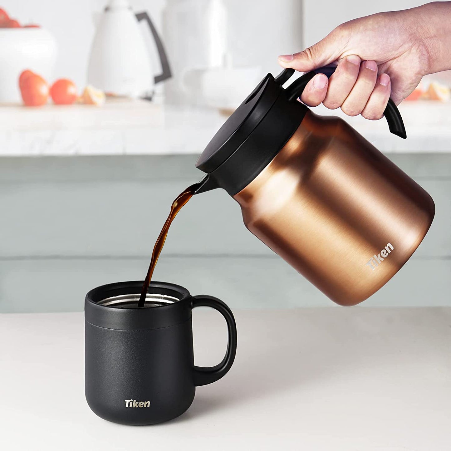 Tiken 34 Oz Thermal Coffee Carafe Double Wall Stainless Steel Insulated Coffee Server, 1 Liter Beverage Pitcher (Copper)