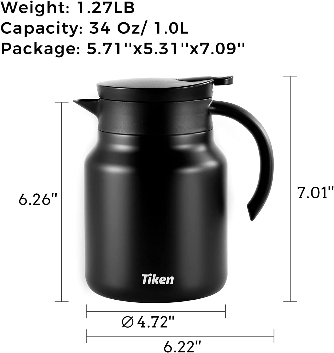 Tiken 34 Oz Thermal Coffee Carafe Double Wall Stainless Steel Insulated Coffee Server, 1 Liter Beverage Pitcher (Matte Black)