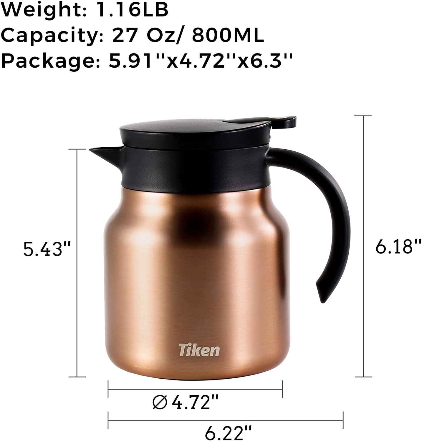 Tiken 27 Oz Thermal Coffee Server Stainless Steel Insulated Vacuum Coffee Carafes, 800ML Beverage Pitcher (Copper)