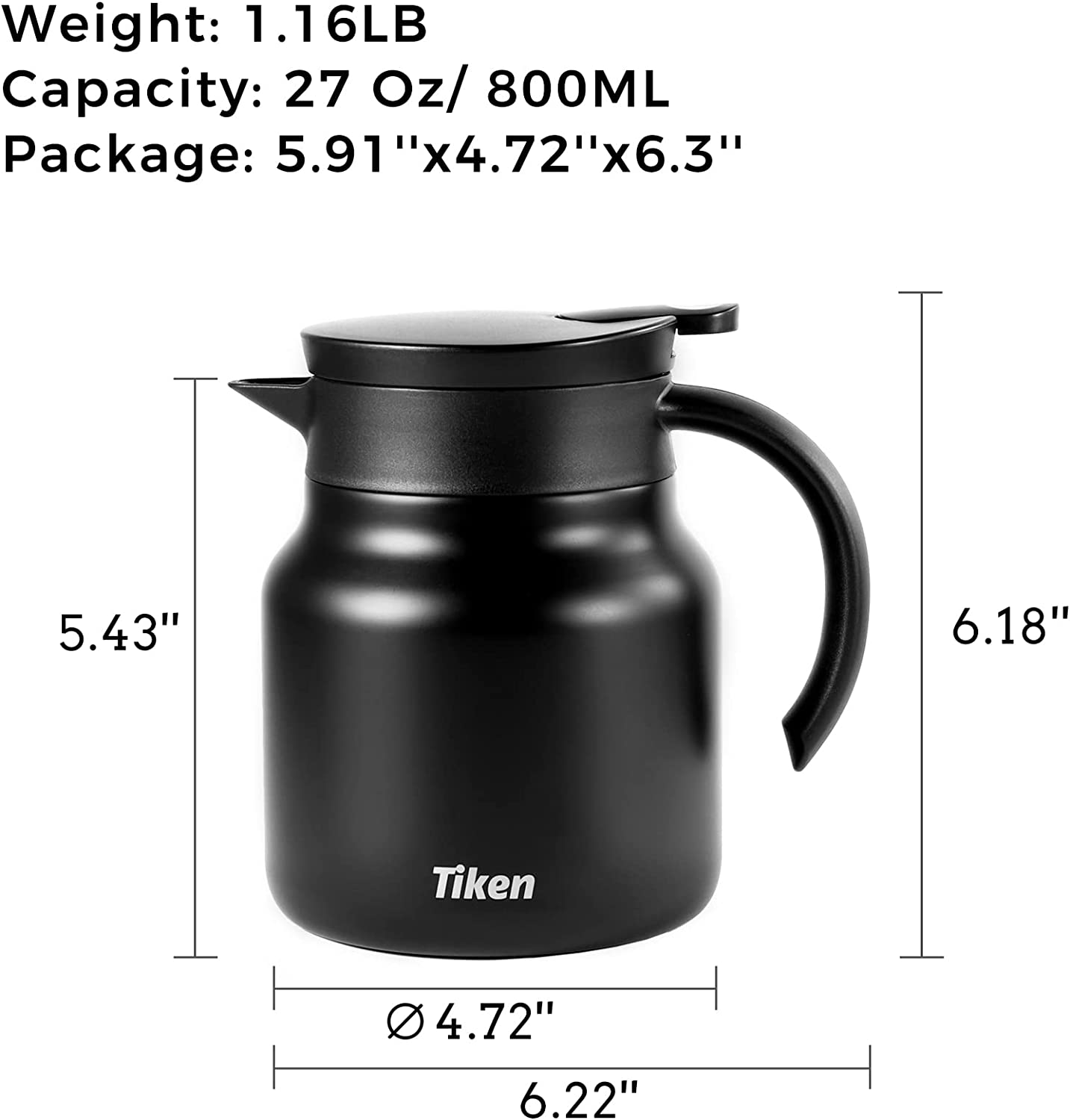 Tiken 27 Oz Thermal Coffee Server Stainless Steel Insulated Vacuum Coffee Carafes, 800ML Beverage Pitcher (Matte Black)