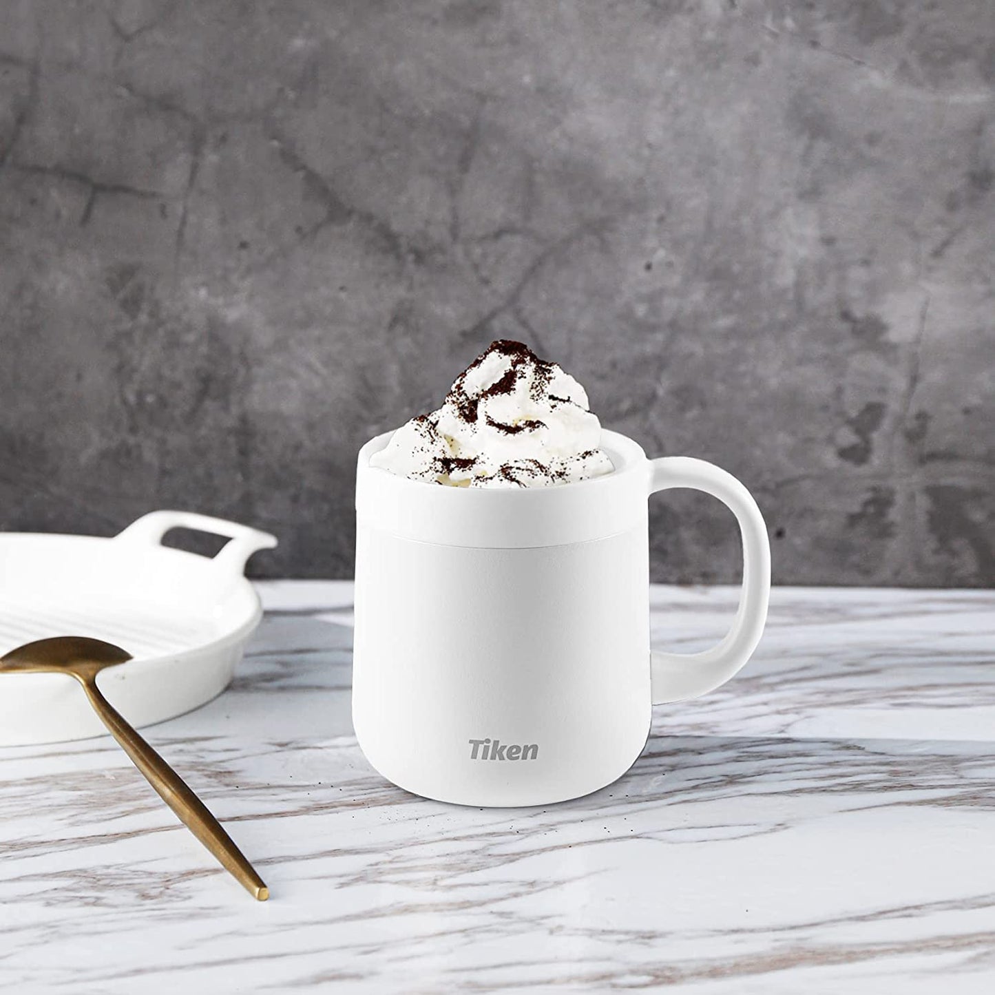 Tiken 11 Oz Insulated Coffee Mug With Lid Stainless Steel Thermal Coffee Mugs 340 ML (White)