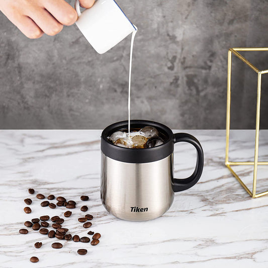Tiken 11 Oz Insulated Coffee Mug With Lid Stainless Steel Thermal Coffee Mugs 340 ML (Silver)