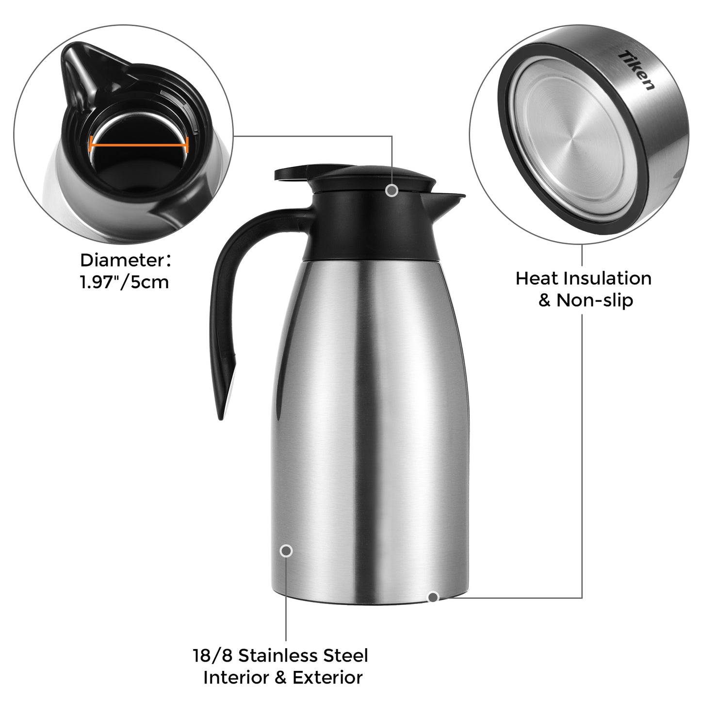 Tiken 68 Oz Thermal Coffee Carafe Stainless Steel Insulated Vacuum Coffee Pot 2 Liter (Silver)