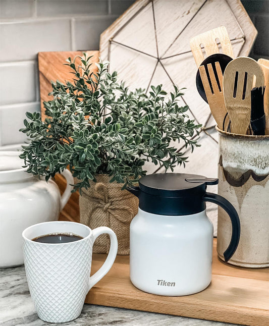 Tiken 27 Oz Thermal Coffee Server Stainless Steel Insulated Vacuum Coffee Carafes, 800ML Beverage Pitcher (White)