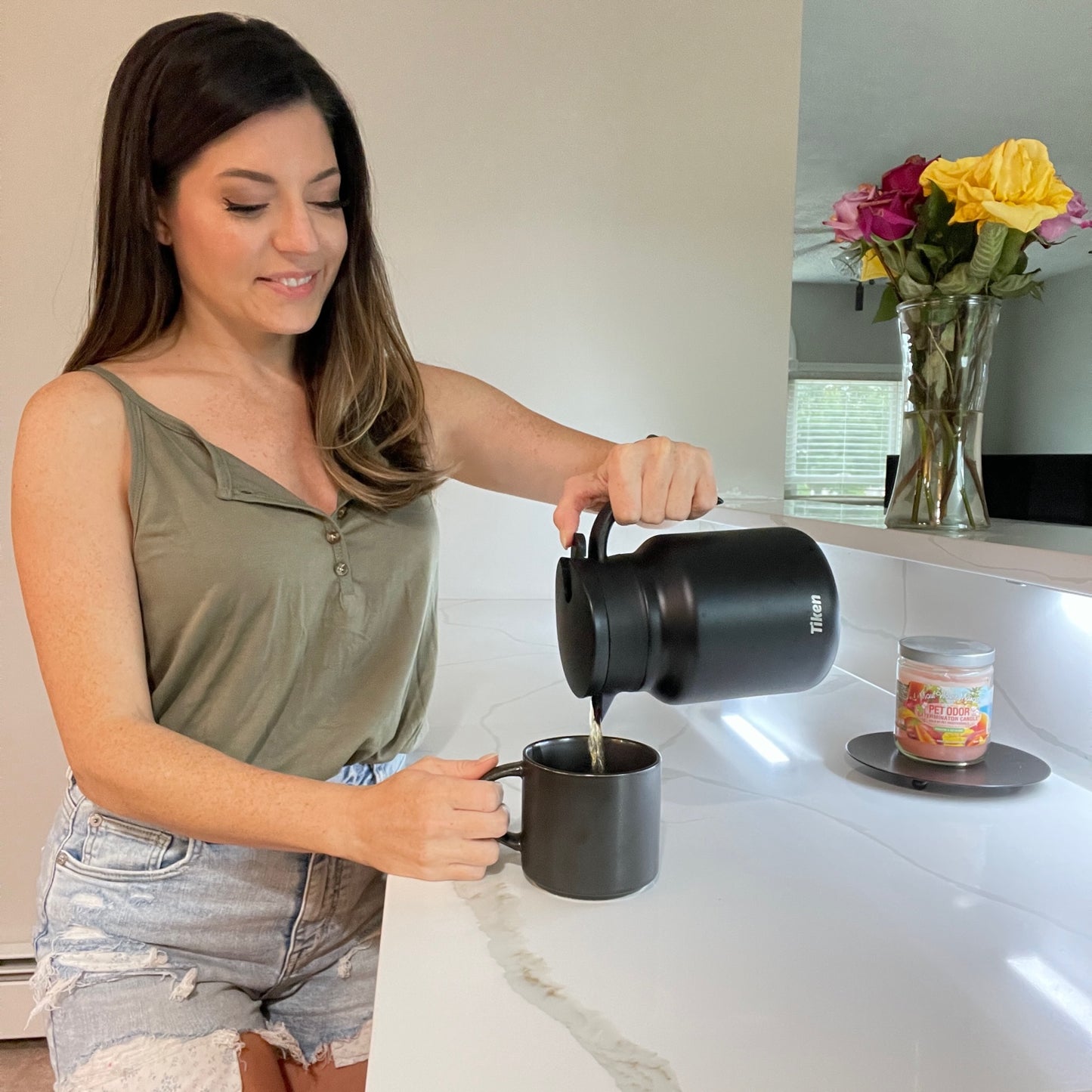 Tiken 34 Oz Thermal Coffee Carafe Double Wall Stainless Steel Insulated Coffee Server, 1 Liter Beverage Pitcher (Matte Black)